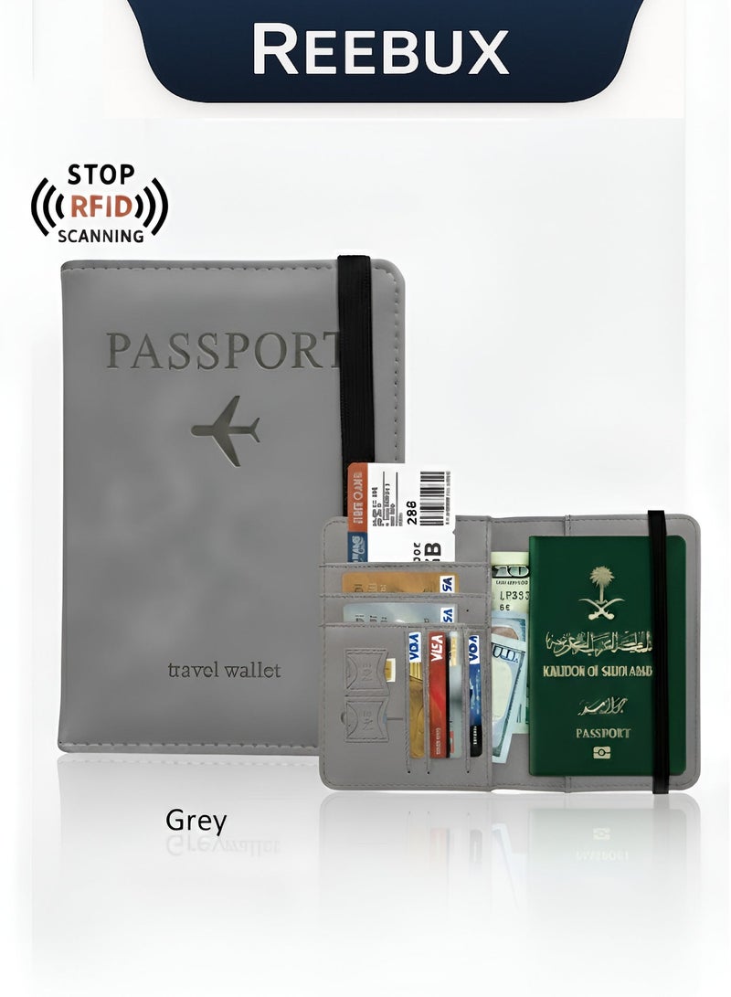 ريبوكس حامل جواز السفر واقي غطاء مع حزام مرن، جلد صناعي مانع RFID منظم واقي للمستندات، لبطاقات الائتمان والهوية، بطاقات الصعود - Image 1