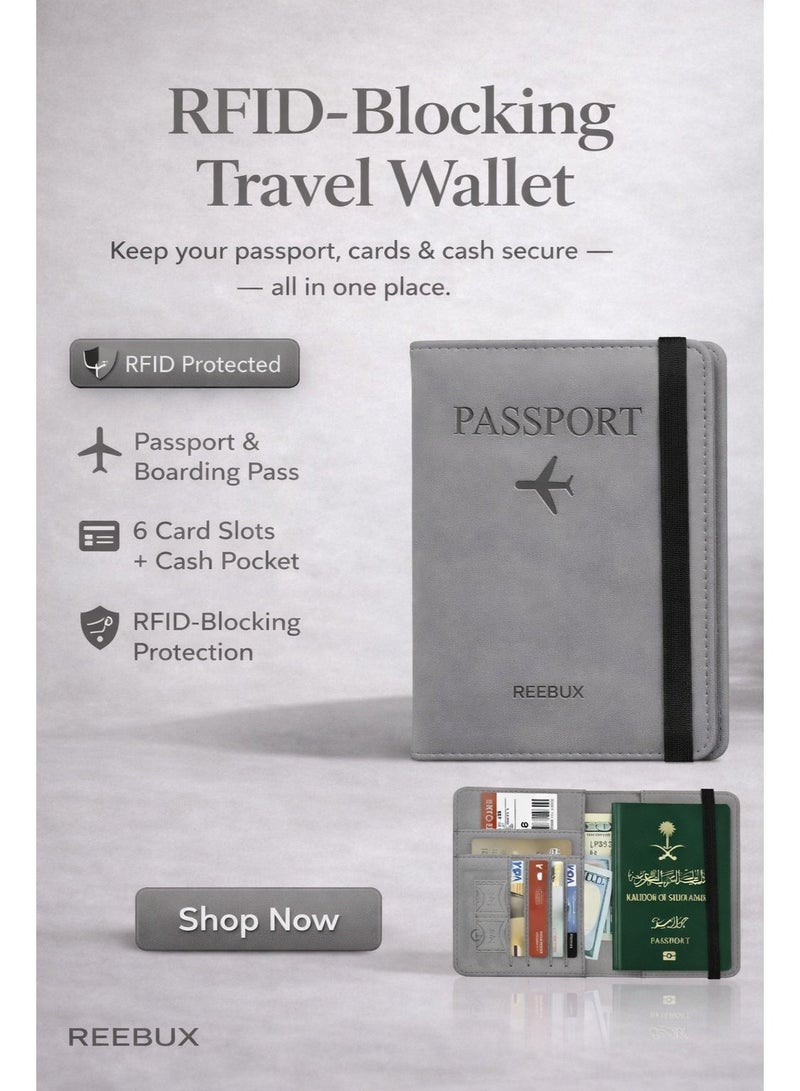ريبوكس حامل جواز السفر واقي غطاء مع حزام مرن، جلد صناعي مانع RFID منظم واقي للمستندات، لبطاقات الائتمان والهوية، بطاقات الصعود - Image 2