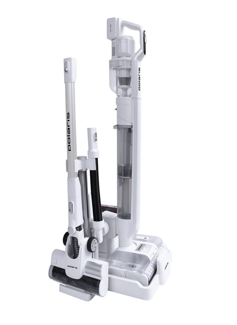 Polaris - Cordless vertical washing vacuum cleaner 7 in 1 is suitable for dry and wet cleaning. Packaging includes an additional pipe, an additional electric brush, a mini turbo brush, a 2-in-1 nozzle, a crevice nozzle, a flexible hose, an animal brush nozzle, a roller cleaning brush, a water container cleaning brush, an additional battery, an additional battery adapter. Removable motor part and an additional brush and pipe, allows the vacuum cleaner to turn into an independent cordless vertical vacuum cleaner that can be used for everyday dry cleaning.  Suction power – 170 AW - Image 1