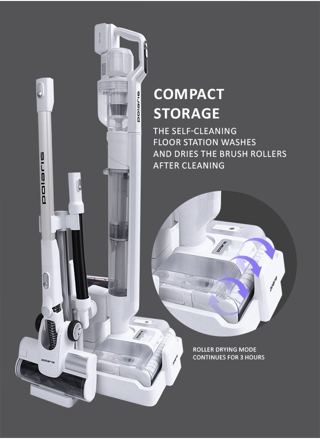 Polaris - Cordless vertical washing vacuum cleaner 7 in 1 is suitable for dry and wet cleaning. Packaging includes an additional pipe, an additional electric brush, a mini turbo brush, a 2-in-1 nozzle, a crevice nozzle, a flexible hose, an animal brush nozzle, a roller cleaning brush, a water container cleaning brush, an additional battery, an additional battery adapter. Removable motor part and an additional brush and pipe, allows the vacuum cleaner to turn into an independent cordless vertical vacuum cleaner that can be used for everyday dry cleaning.  Suction power – 170 AW - Image 1