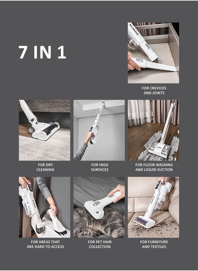 Polaris - Cordless vertical washing vacuum cleaner 7 in 1 is suitable for dry and wet cleaning. Packaging includes an additional pipe, an additional electric brush, a mini turbo brush, a 2-in-1 nozzle, a crevice nozzle, a flexible hose, an animal brush nozzle, a roller cleaning brush, a water container cleaning brush, an additional battery, an additional battery adapter. Removable motor part and an additional brush and pipe, allows the vacuum cleaner to turn into an independent cordless vertical vacuum cleaner that can be used for everyday dry cleaning.  Suction power – 170 AW - Image 1