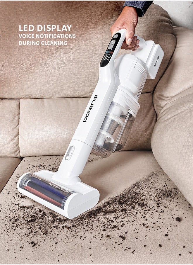 Polaris - Cordless vertical washing vacuum cleaner 7 in 1 is suitable for dry and wet cleaning. Packaging includes an additional pipe, an additional electric brush, a mini turbo brush, a 2-in-1 nozzle, a crevice nozzle, a flexible hose, an animal brush nozzle, a roller cleaning brush, a water container cleaning brush, an additional battery, an additional battery adapter. Removable motor part and an additional brush and pipe, allows the vacuum cleaner to turn into an independent cordless vertical vacuum cleaner that can be used for everyday dry cleaning.  Suction power – 170 AW - Image 1