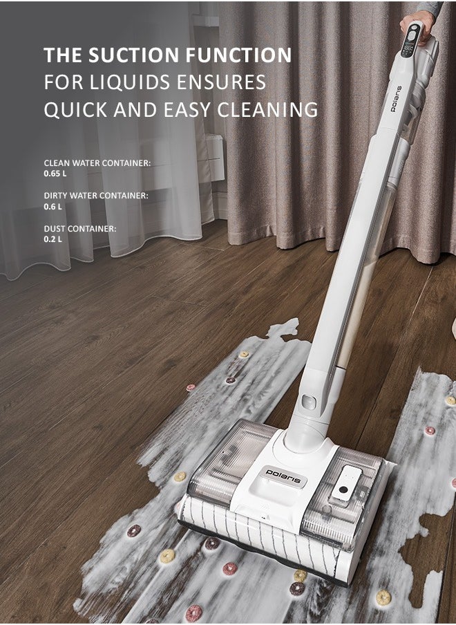 Polaris - Cordless vertical washing vacuum cleaner 7 in 1 is suitable for dry and wet cleaning. Packaging includes an additional pipe, an additional electric brush, a mini turbo brush, a 2-in-1 nozzle, a crevice nozzle, a flexible hose, an animal brush nozzle, a roller cleaning brush, a water container cleaning brush, an additional battery, an additional battery adapter. Removable motor part and an additional brush and pipe, allows the vacuum cleaner to turn into an independent cordless vertical vacuum cleaner that can be used for everyday dry cleaning.  Suction power – 170 AW - Image 1