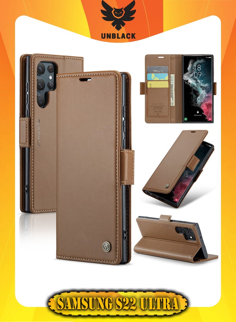 CaseMe Flip Wallet Case For Samsung Galaxy S22 Ultra, [RFID Blocking] PU Leather Wallet Flip Folio Case with Card Holder Kickstand Shockproof Phone Cover (Brown)  - Image 1