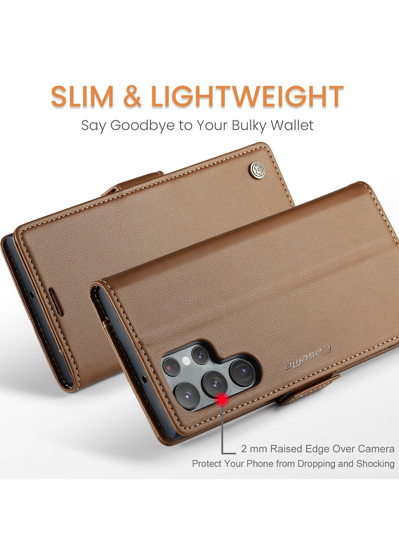CaseMe Flip Wallet Case For Samsung Galaxy S22 Ultra, [RFID Blocking] PU Leather Wallet Flip Folio Case with Card Holder Kickstand Shockproof Phone Cover (Brown)  - Image 4
