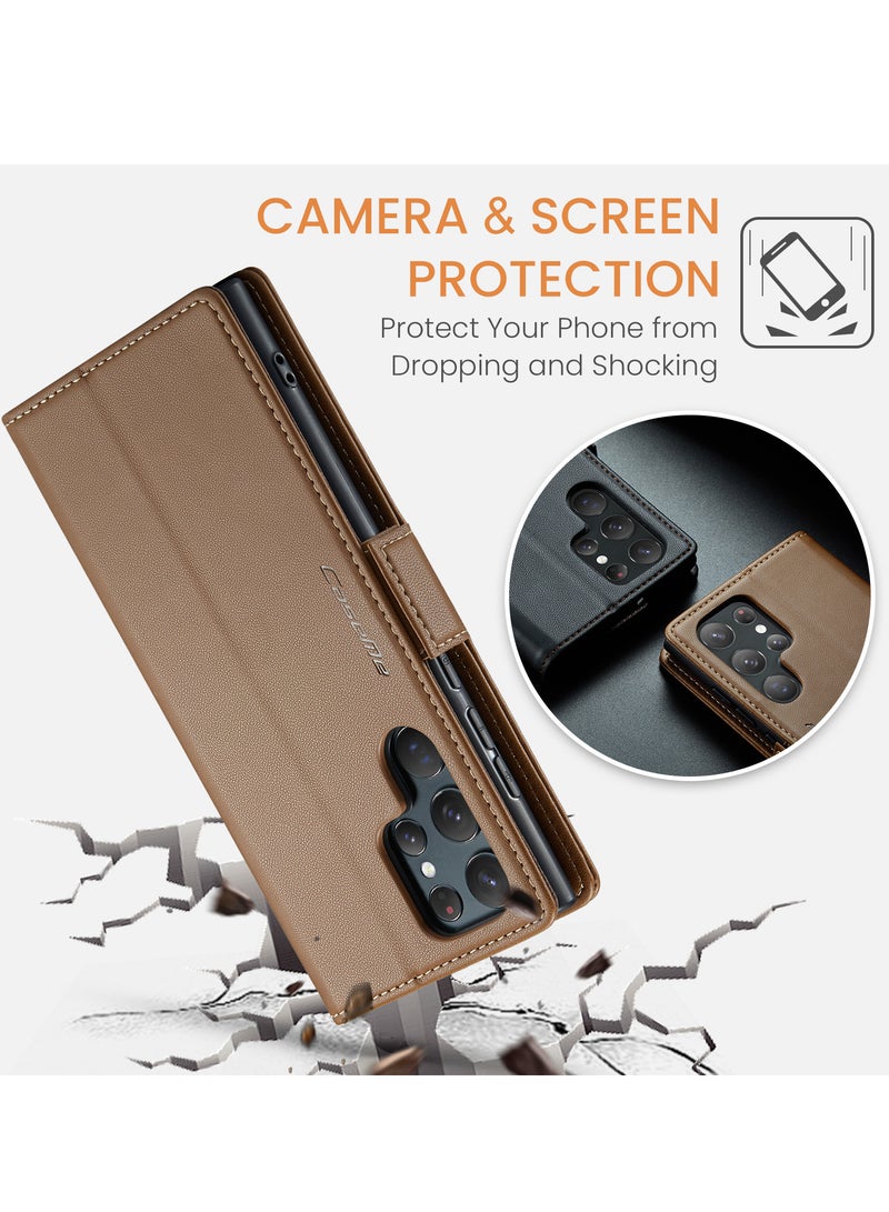 CaseMe Flip Wallet Case For Samsung Galaxy S22 Ultra, [RFID Blocking] PU Leather Wallet Flip Folio Case with Card Holder Kickstand Shockproof Phone Cover (Brown)  - Image 3