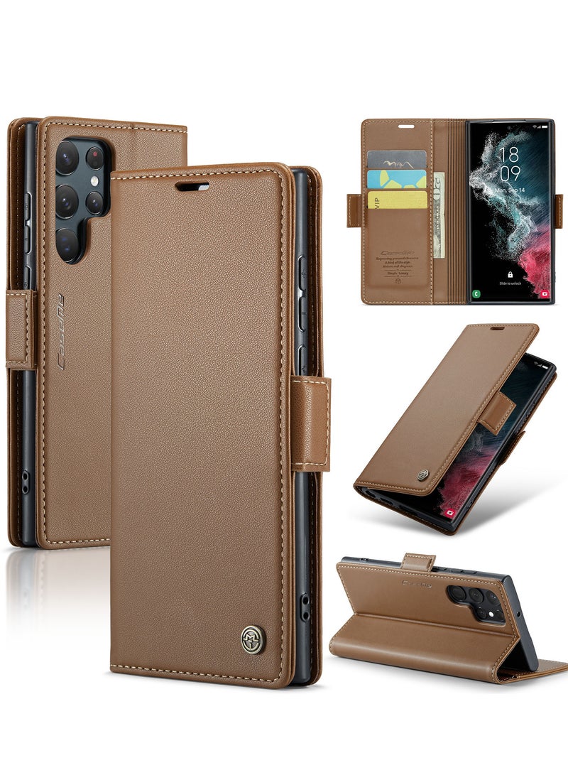 CaseMe Flip Wallet Case For Samsung Galaxy S22 Ultra, [RFID Blocking] PU Leather Wallet Flip Folio Case with Card Holder Kickstand Shockproof Phone Cover (Brown)  - Image 2