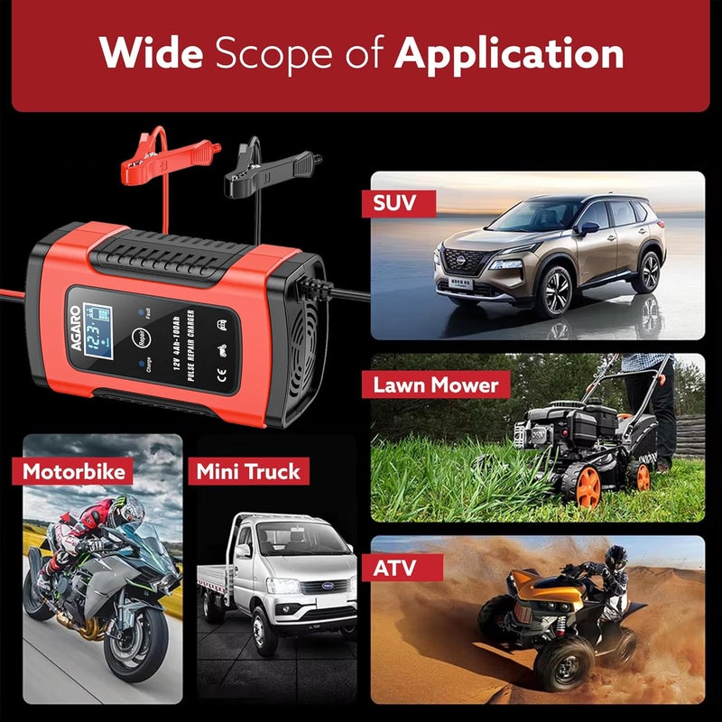 AGARO Car Battery Charger, 12V, 5A, Fully Automatic, Smart Car & Bike Battery Charger & Maintainer, Pulse Repair, LCD Display, Temperature Control, for AGM, Gel, Calcium & Wet Lead-Acid Batteries - Image 3