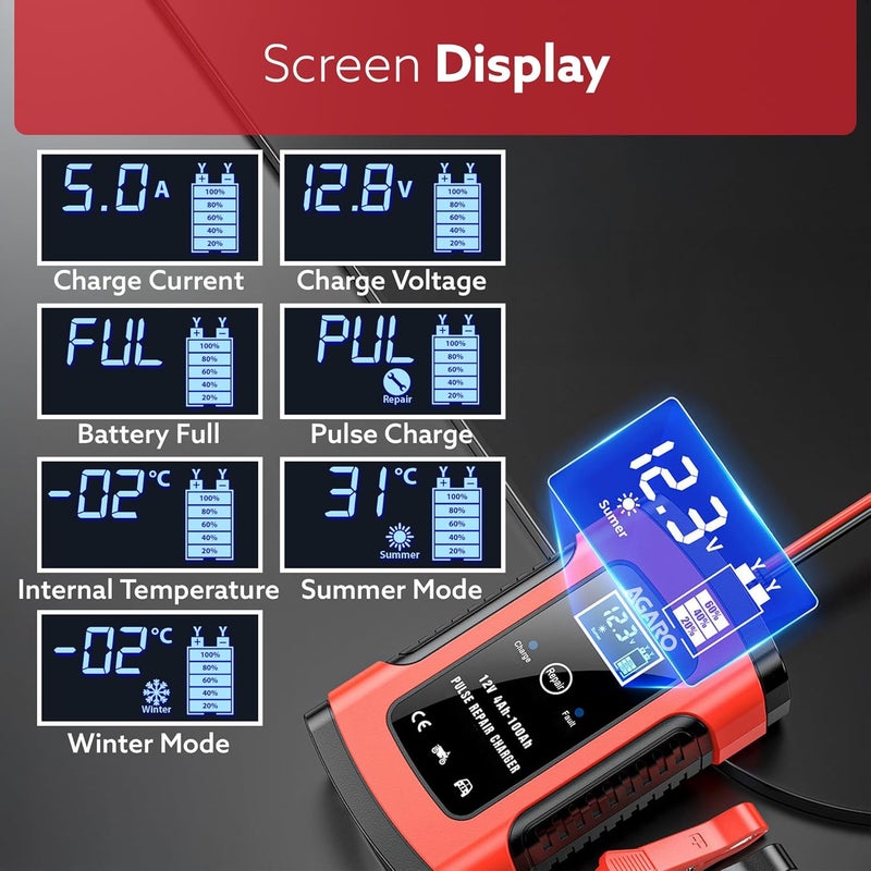 AGARO Car Battery Charger, 12V, 5A, Fully Automatic, Smart Car & Bike Battery Charger & Maintainer, Pulse Repair, LCD Display, Temperature Control, for AGM, Gel, Calcium & Wet Lead-Acid Batteries - Image 4