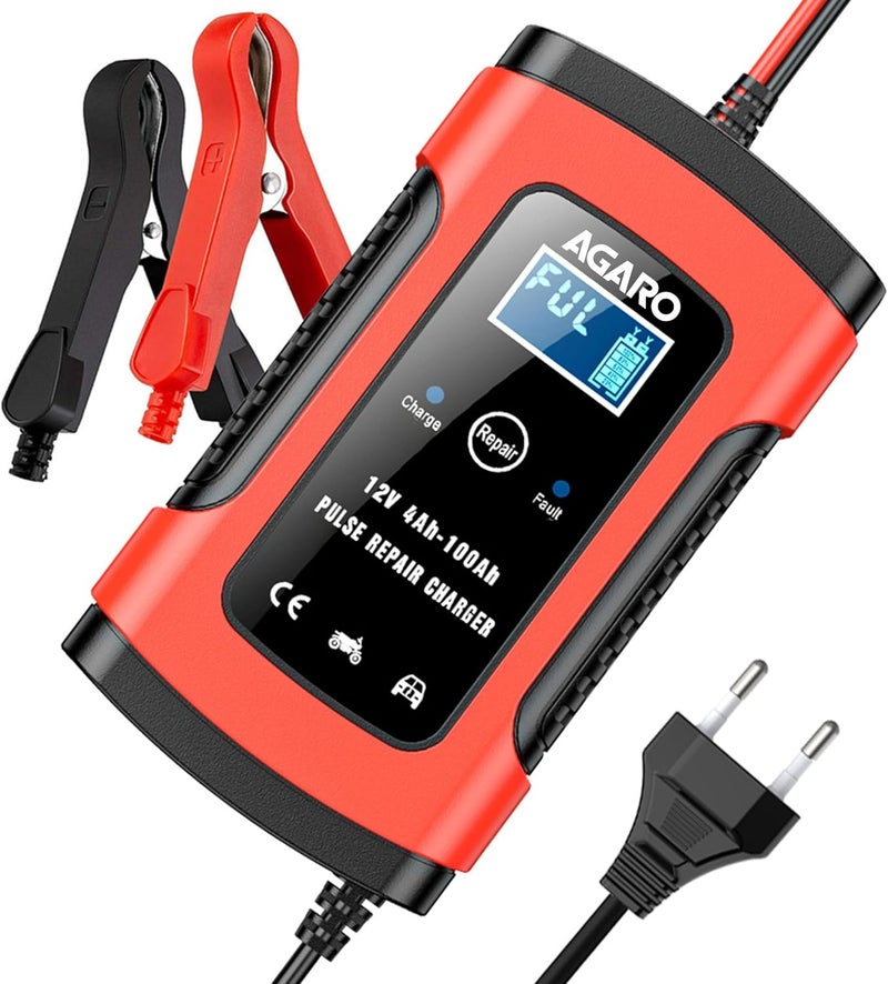 AGARO Car Battery Charger, 12V, 5A, Fully Automatic, Smart Car & Bike Battery Charger & Maintainer, Pulse Repair, LCD Display, Temperature Control, for AGM, Gel, Calcium & Wet Lead-Acid Batteries - Image 1