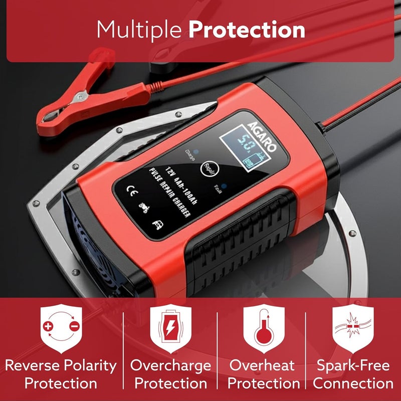 AGARO Car Battery Charger, 12V, 5A, Fully Automatic, Smart Car & Bike Battery Charger & Maintainer, Pulse Repair, LCD Display, Temperature Control, for AGM, Gel, Calcium & Wet Lead-Acid Batteries - Image 5