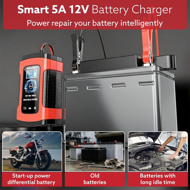 AGARO Car Battery Charger, 12V, 5A, Fully Automatic, Smart Car & Bike Battery Charger & Maintainer, Pulse Repair, LCD Display, Temperature Control, for AGM, Gel, Calcium & Wet Lead-Acid Batteries - Image 2