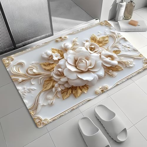 Arviz 3D Floral Bathroom Mat, Quick Dry Absorbent Silicone Floor Mat, Anti-Slip Rectangular Doormat for Bathroom, Super Soft Cushion Carpet Rug, Highly Absorbent Super Soft Door Mats for Home Kitchen - Image 1