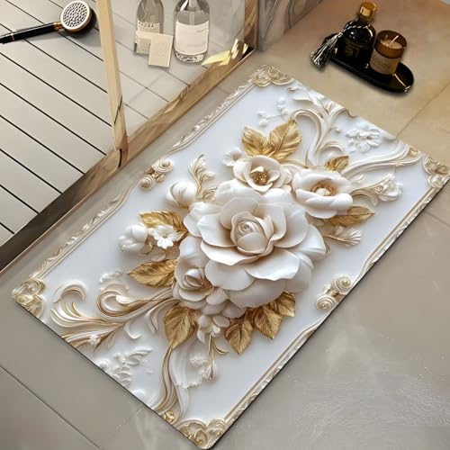 Arviz 3D Floral Bathroom Mat, Quick Dry Absorbent Silicone Floor Mat, Anti-Slip Rectangular Doormat for Bathroom, Super Soft Cushion Carpet Rug, Highly Absorbent Super Soft Door Mats for Home Kitchen - Image 5