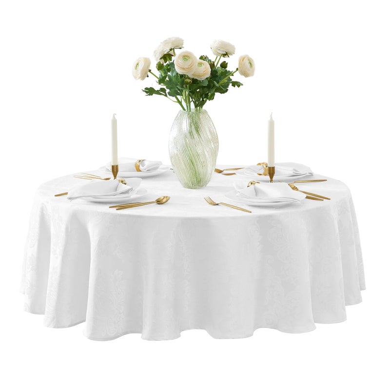 Newbridge Barcelona Luxury Damask Fabric Tablecloth 70 Round White 100 Polyester No Iron Soil Resistant Dining Room Party and Banquet Table Cover