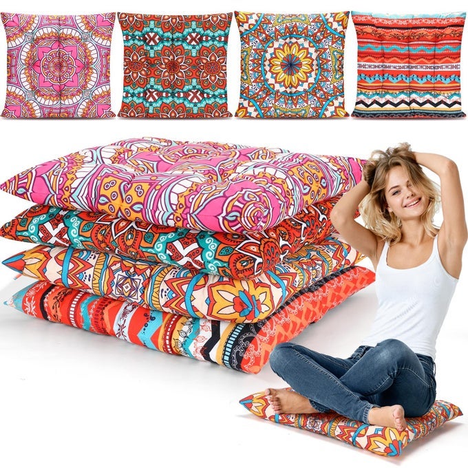 4 PACK LARGE 22 INCH BOHEMIAN FLOOR PILLOWS SQUARE BOHO FLOOR CUSHIONS SEATING PILLOWS FOR SOFT YOGA MEDITATION PILLOW MANDALA POUF FOR LIVING ROOM TATAMI READING NOOKEXQUISITE