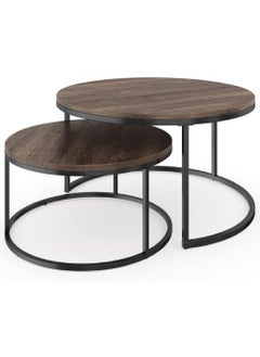 Rock Pow Round Coffee Table Set of 2 Side Table Stacking Side Tables with Solid Wood Grain Table and Metal Frame for Living Room Sturdy and Easy Assembly  - Image 1