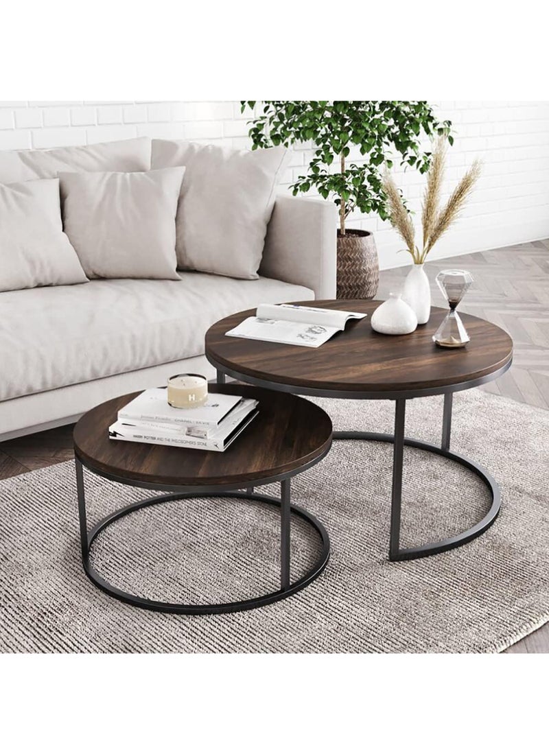Rock Pow - Round Coffee Table Set of 2 Side Table Stacking Side Tables with Solid Wood Grain Table and Metal Frame for Living Room Sturdy and Easy Assembly - Image 1