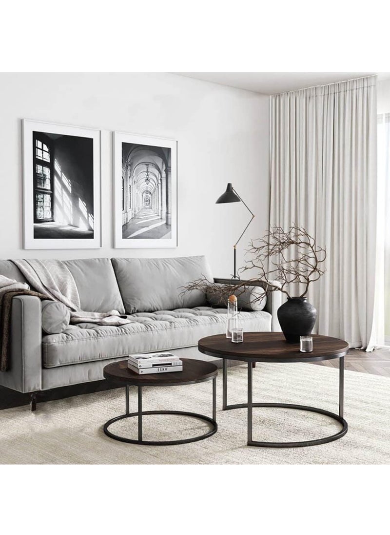 Rock Pow - Round Coffee Table Set of 2 Side Table Stacking Side Tables with Solid Wood Grain Table and Metal Frame for Living Room Sturdy and Easy Assembly - Image 1