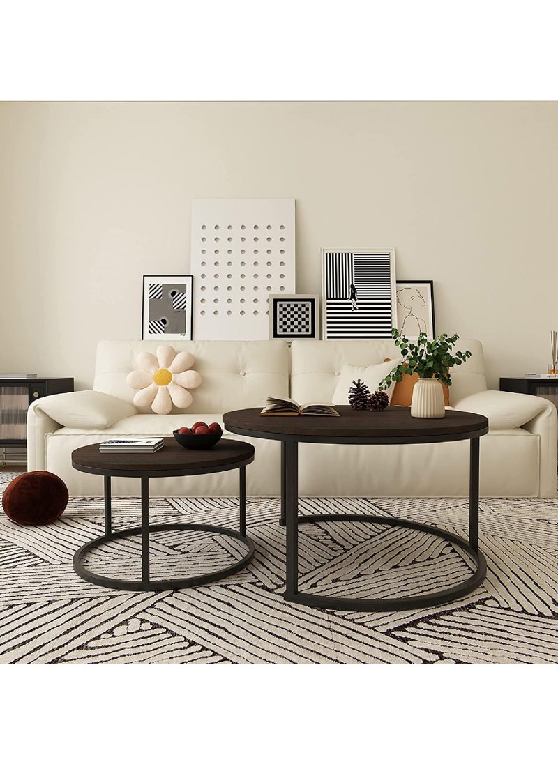 Rock Pow - Round Coffee Table Set of 2 Side Table Stacking Side Tables with Solid Wood Grain Table and Metal Frame for Living Room Sturdy and Easy Assembly - Image 1