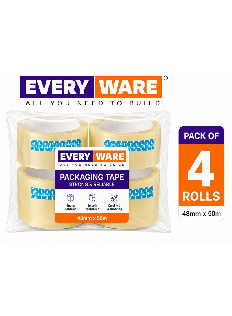 EVERYWARE Clear Packing Tape 2 Inch x 50 Yards (4 PCS) Heavy Duty Strong Adhesive for Secure Parcel Sealing, Moving Boxes, Cartons, Postal Bags and Office Use, Crystal Clear Finish - Image 1