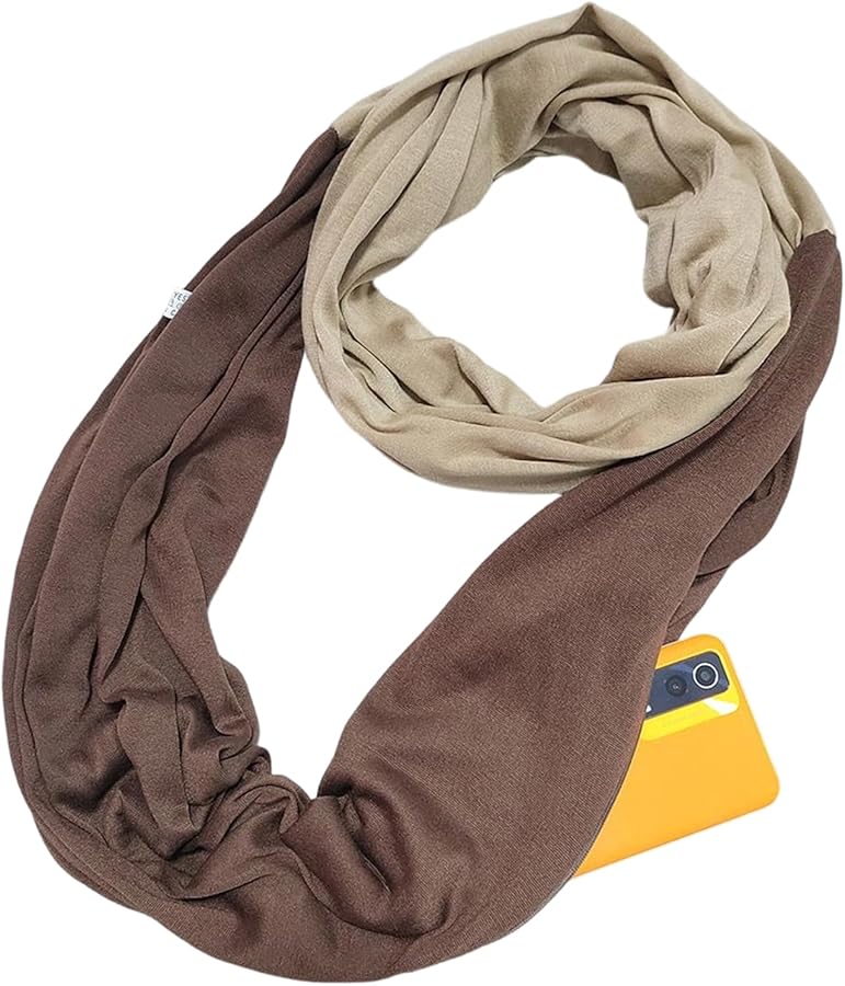 Khaki Brown Infinity Scarf with Zipper Pocket for Women and Men Outdoor Commuting - Image 1