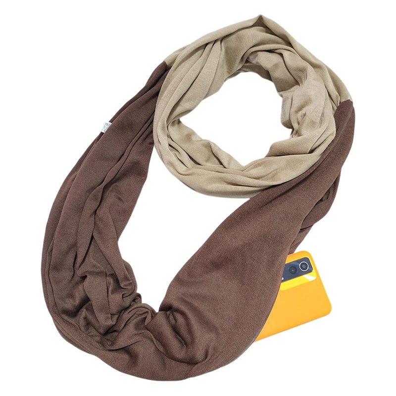 Khaki Brown Infinity Scarf with Zipper Pocket for Women and Men Outdoor Commuting - Image 2