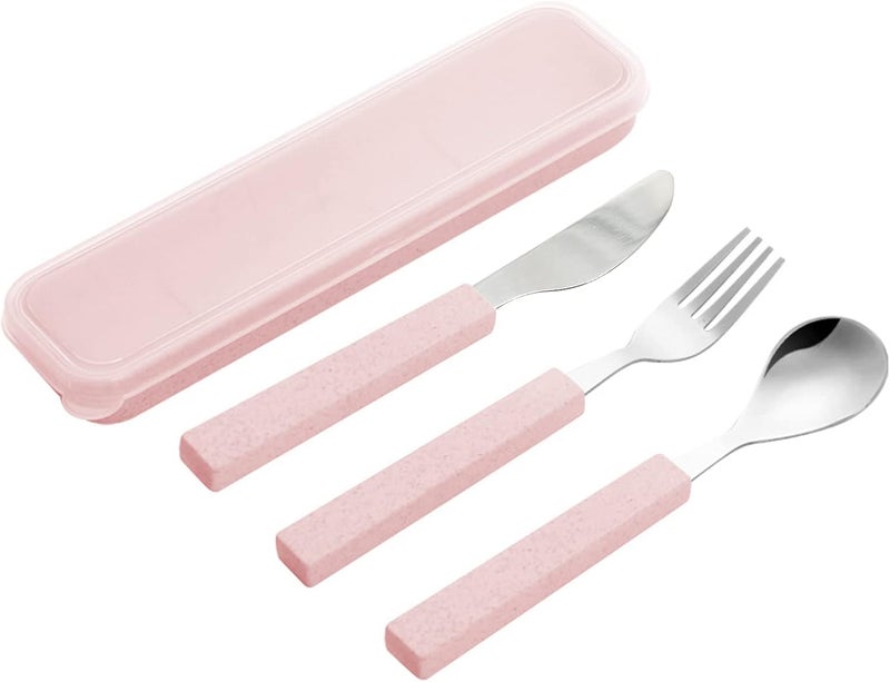 VANRA 3Piece Children Utensils Set 1810 Stainless Steel Child Flatware Set Silverware Knife Spoon Fork Set with Travel Case for Kids Lunch Box Pink - Image 1