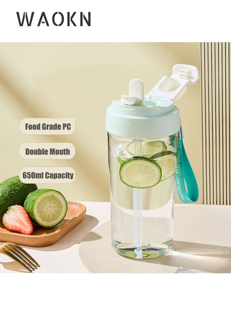 WAOKN New 650ml Capacity Highly Sealable of PC Material Sporting Water Bottle With Straw and Drinking Mouth Two Drinking Methods for Outdoor Sports and Fitness Exercise