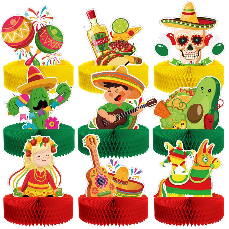 Sumind 9 Pieces Mexican Fiesta Party Decorations Cinco De Mayo Honeycomb Table Centerpiece 9 Fiesta Table Decorations for Mexican Birthday Taco Tuesday Carnivals Party Supplies Favors - Image 2