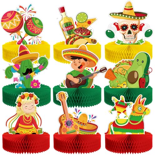 Sumind 9 Pieces Mexican Fiesta Party Decorations Cinco De Mayo Honeycomb Table Centerpiece 9 Fiesta Table Decorations for Mexican Birthday Taco Tuesday Carnivals Party Supplies Favors - Image 1