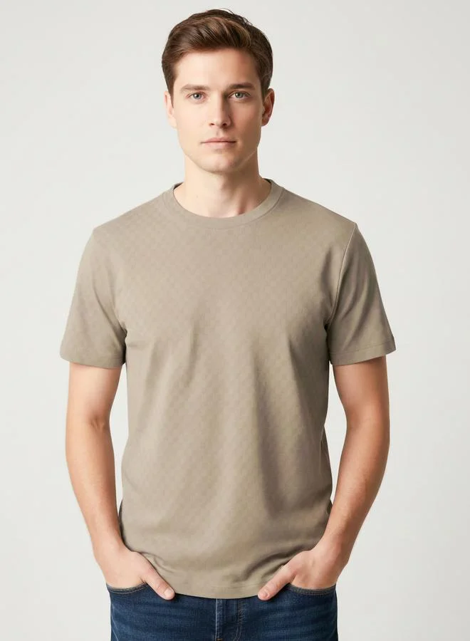 Clans&Hans Men Beige Textured Crew Neck T-Shirt