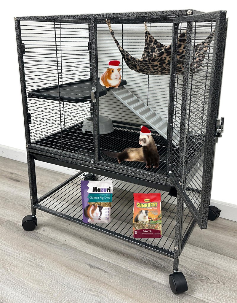Mcage Deluxe Two Tiers Small Animal Critter Cage Tight 1/2-Inch Bar Spacing Water Bottle Food Bowl Feisty Ferret Hammock Chinchilla Rat Mice Squirrel Rabbit Sugar Glider Easy Clean Pull Out Grate Tray - Image 1