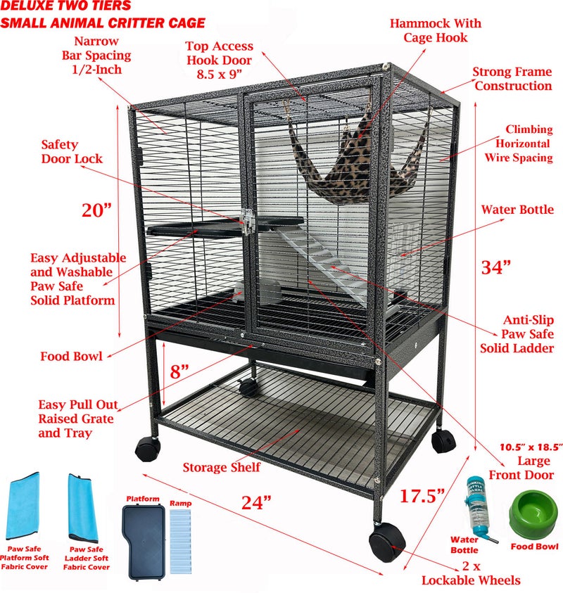 Mcage Deluxe Two Tiers Small Animal Critter Cage Tight 1/2-Inch Bar Spacing Water Bottle Food Bowl Feisty Ferret Hammock Chinchilla Rat Mice Squirrel Rabbit Sugar Glider Easy Clean Pull Out Grate Tray - Image 3