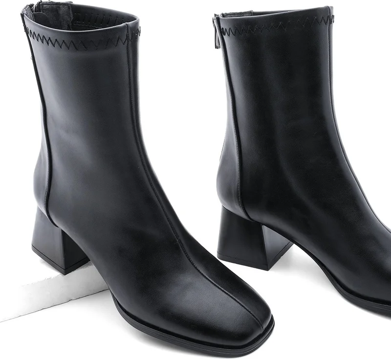 MARJIN Margin Women's Heeled Boots Stretch Blunt Toe Back Zipper Nayis