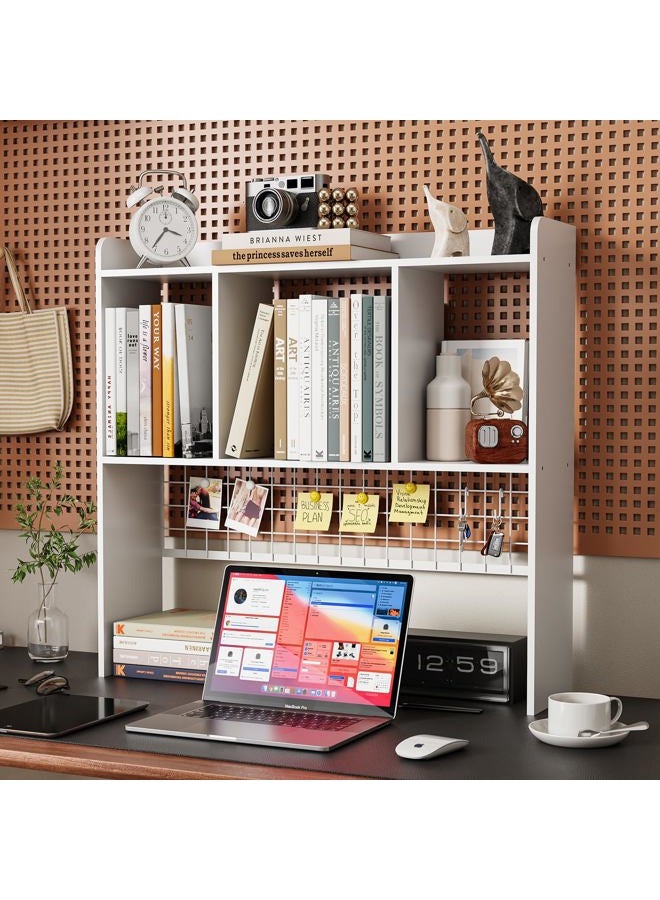 FNBAR Desktop Bookshelf,Countertop Storage Hutch with 3 Shelves for Computer Desk，2-Tier Display Rack with Grid Panel, Multipurpose Wood Desk Hutch Storage Organizer for Home Office Dorm (White) - Image 1