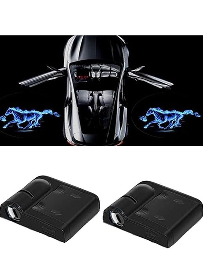 2 Pcs LED Projection Lamp for Car, Blue Horse Car Door Welcome Projector Logo Light Car Door Light, Wireless Light for Door Without Drilling, Car Door Welcome Projector Lights for All Car Models - Image 1