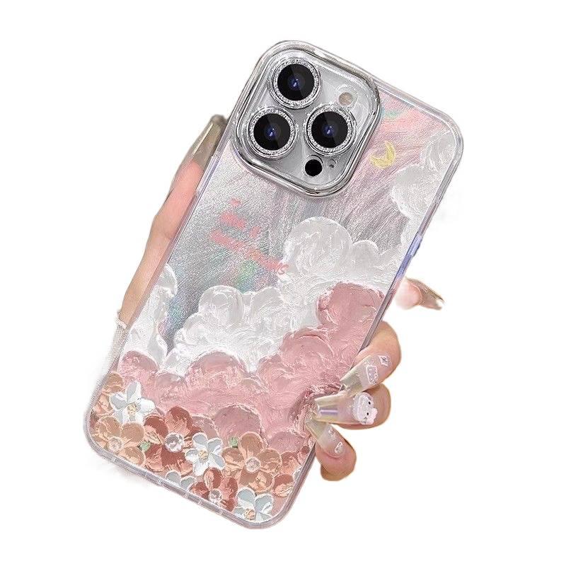 MS غطاء واقي بAcrylic لـ Redmi Note 14 مع حامل قائم وتغطية كاملة مع نقش سحابة زيتية مع حماية العدسة باللون وردي بوظيفة حامل من الأكريليك باللون الوردي باللون الأحمر - Image 1