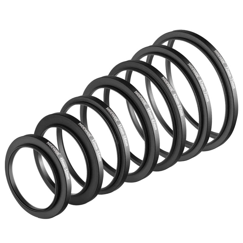 NEEWER 7PCS Step Up Rings Filter Adapter, 49-52mm, 52-55mm, 55-58mm, 58-62mm, 62-67mm, 67-72mm, 72-77mm Threaded Premium Anodized Aluminum Frame - Image 1