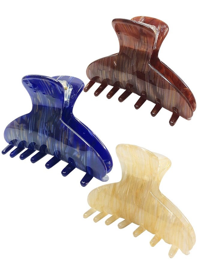 HYFEEL French Hair Jaw Claw Clips for Women Classic Medium Nonslip Grips Strong Hold Hair Clips for Fine Thin Hair, 3.5 Inch Cellulose Banana Barrettes Clamps Accessories Blue Brown Beige 3 Pack - Image 1