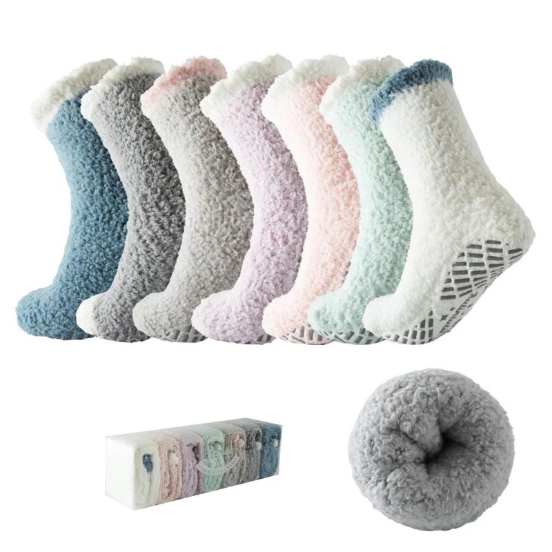 Bulinlulu Fuzzy Socks with Grips Mothers Gifts for Women,7 Pairs Non Slip Hospital Sleep Warm Fluffy Non-Skid Thick Slipper Socks with Grippers (Blue/Dark Grey/Brown/Purple/Pink/Green/White) - Image 1