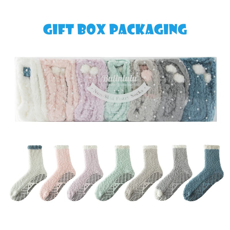 Bulinlulu Fuzzy Socks with Grips Mothers Gifts for Women,7 Pairs Non Slip Hospital Sleep Warm Fluffy Non-Skid Thick Slipper Socks with Grippers (Blue/Dark Grey/Brown/Purple/Pink/Green/White) - Image 2