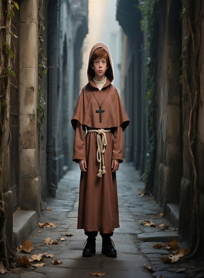 VZQI Medieval Monk Robe for Kids Renaissance Priest for Boy Halloween Cosplay Costume Brown Cloak M - Image 4