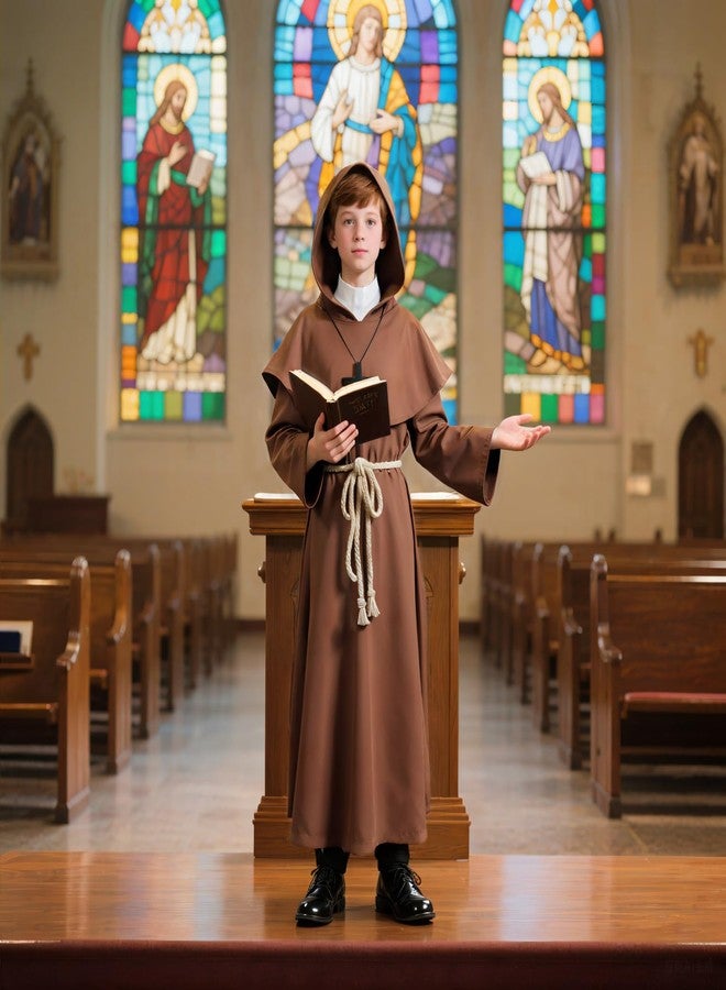 VZQI Medieval Monk Robe for Kids Renaissance Priest for Boy Halloween Cosplay Costume Brown Cloak M - Image 2
