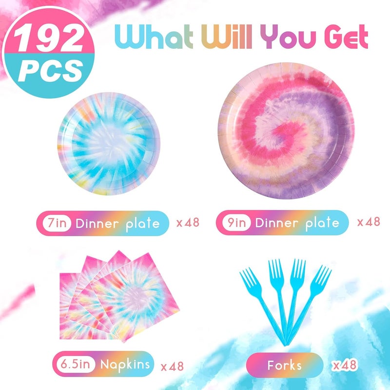 klarako Tie Dye Party Supplies, 7 Inch 9 Inch Paper Dessert Plates, Rainbow Disco Napkins, Hippie Blue Forks Tie Dye Birthday Decorations Tableware Set (25 Set) - Image 2