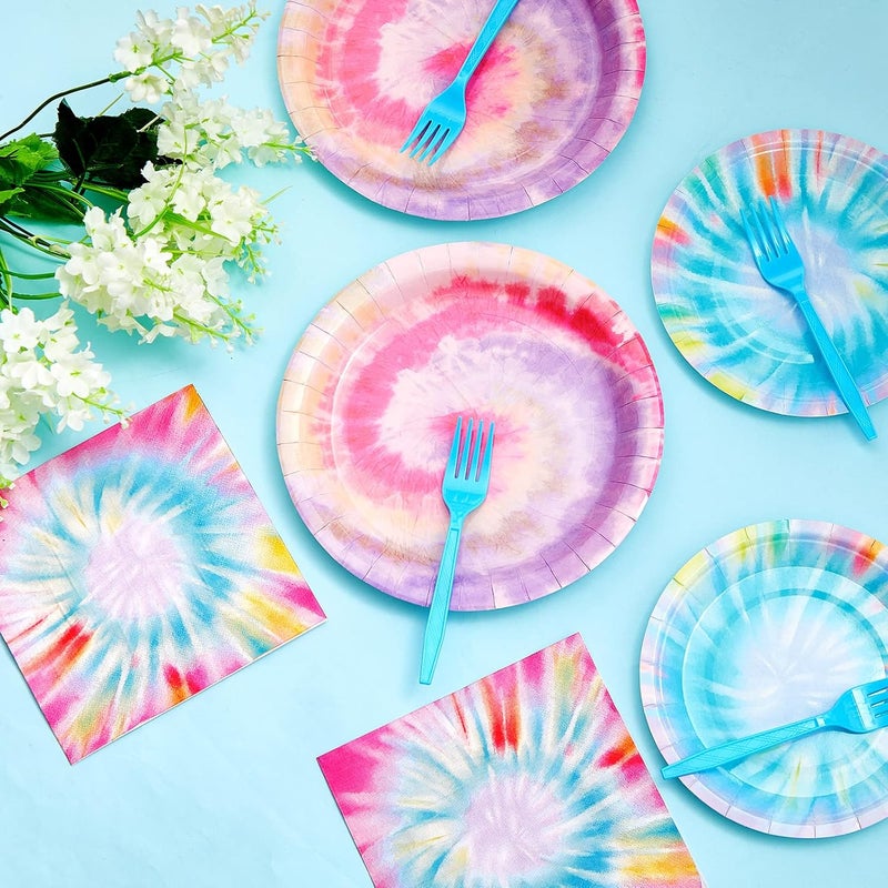 klarako Tie Dye Party Supplies, 7 Inch 9 Inch Paper Dessert Plates, Rainbow Disco Napkins, Hippie Blue Forks Tie Dye Birthday Decorations Tableware Set (25 Set) - Image 3