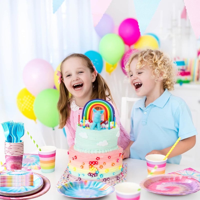 klarako Tie Dye Party Supplies, 7 Inch 9 Inch Paper Dessert Plates, Rainbow Disco Napkins, Hippie Blue Forks Tie Dye Birthday Decorations Tableware Set (25 Set) - Image 5