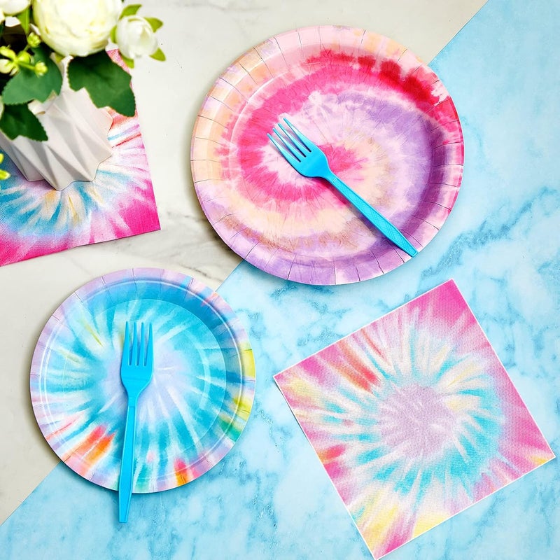 klarako Tie Dye Party Supplies, 7 Inch 9 Inch Paper Dessert Plates, Rainbow Disco Napkins, Hippie Blue Forks Tie Dye Birthday Decorations Tableware Set (25 Set) - Image 4