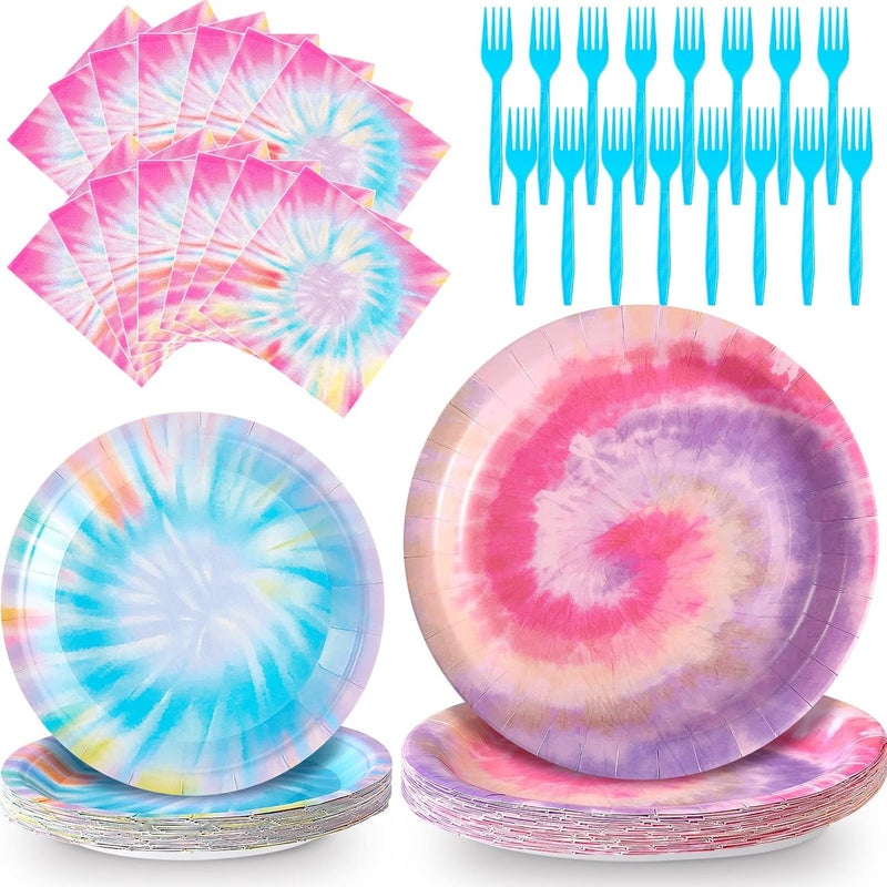 klarako Tie Dye Party Supplies, 7 Inch 9 Inch Paper Dessert Plates, Rainbow Disco Napkins, Hippie Blue Forks Tie Dye Birthday Decorations Tableware Set (25 Set) - Image 1