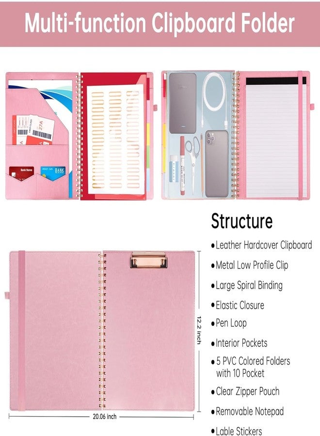 HAUTOCO Leather Clipboard Folio with Storage Zipper Pouch, Notepad, Business Card Holder, 5 Dividers with 10 Pockets, File Folder Labels, Pen Loop and Elastic Strap, Spiral Padfolio Clipboard, Pink - Image 3